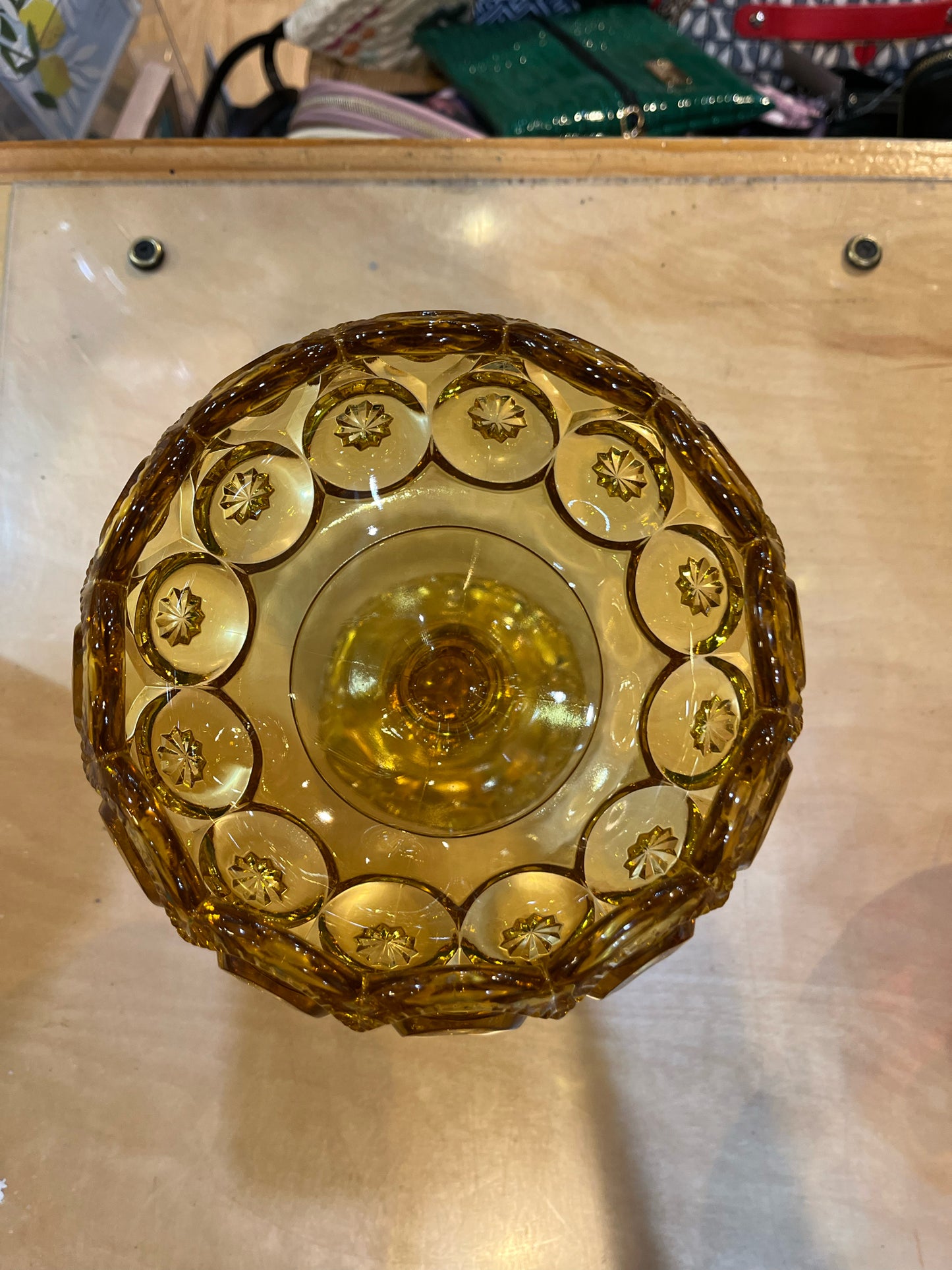 L.E. Smith Amber "Moon & Stars" Pedestal Bowl