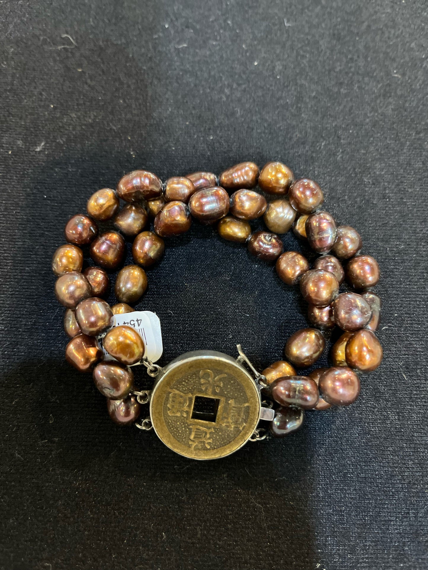 Brown Multi-strand Pearl & Chinese Coin Clasp Bracelet
