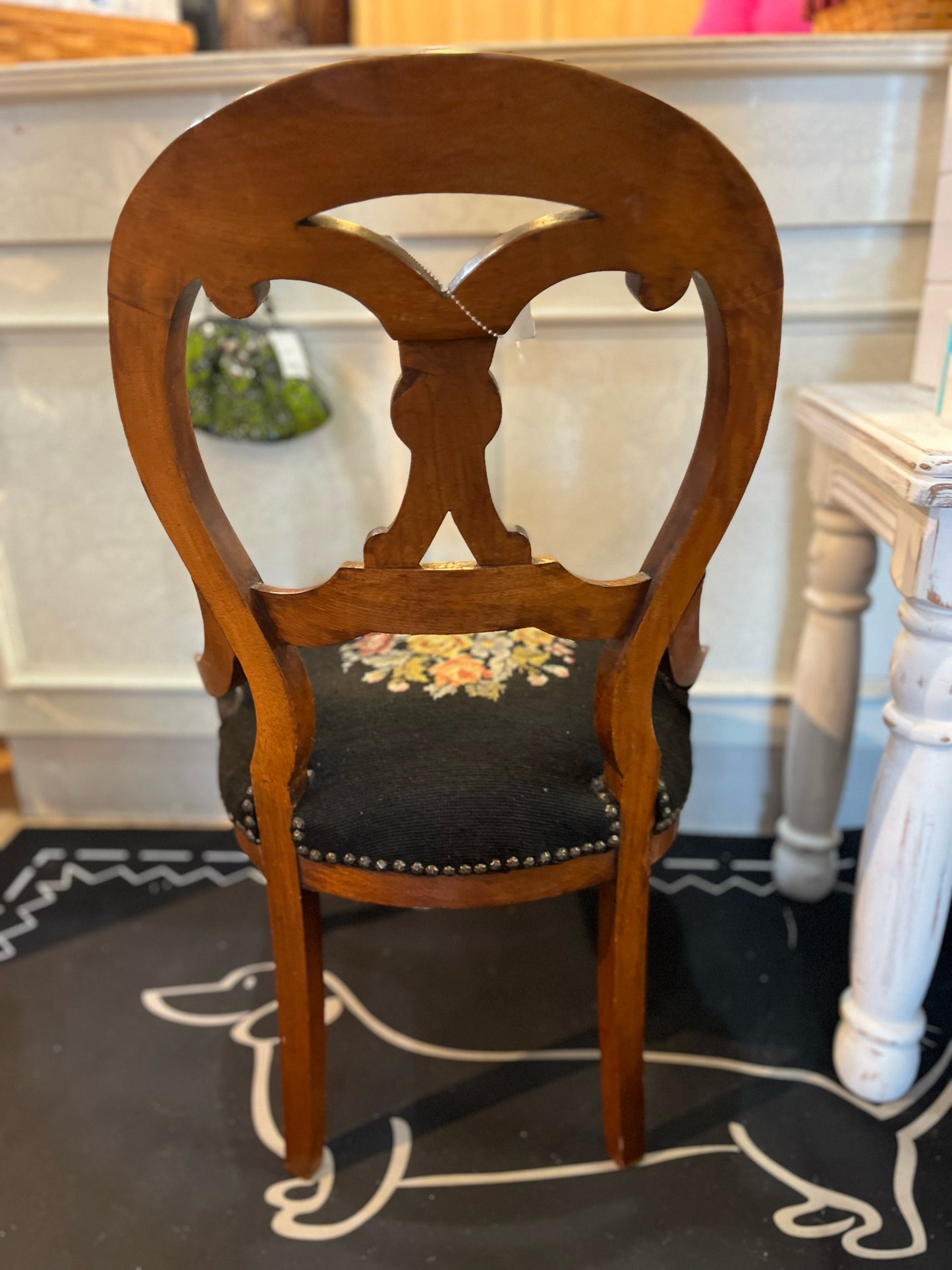 Walnut Carved & Black Needlepoint Cushion Parlor Chair