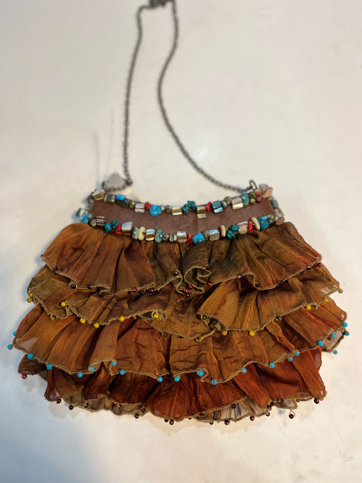 Mary Frances Beaded Ruffled Silk Chain Handle Handbag
