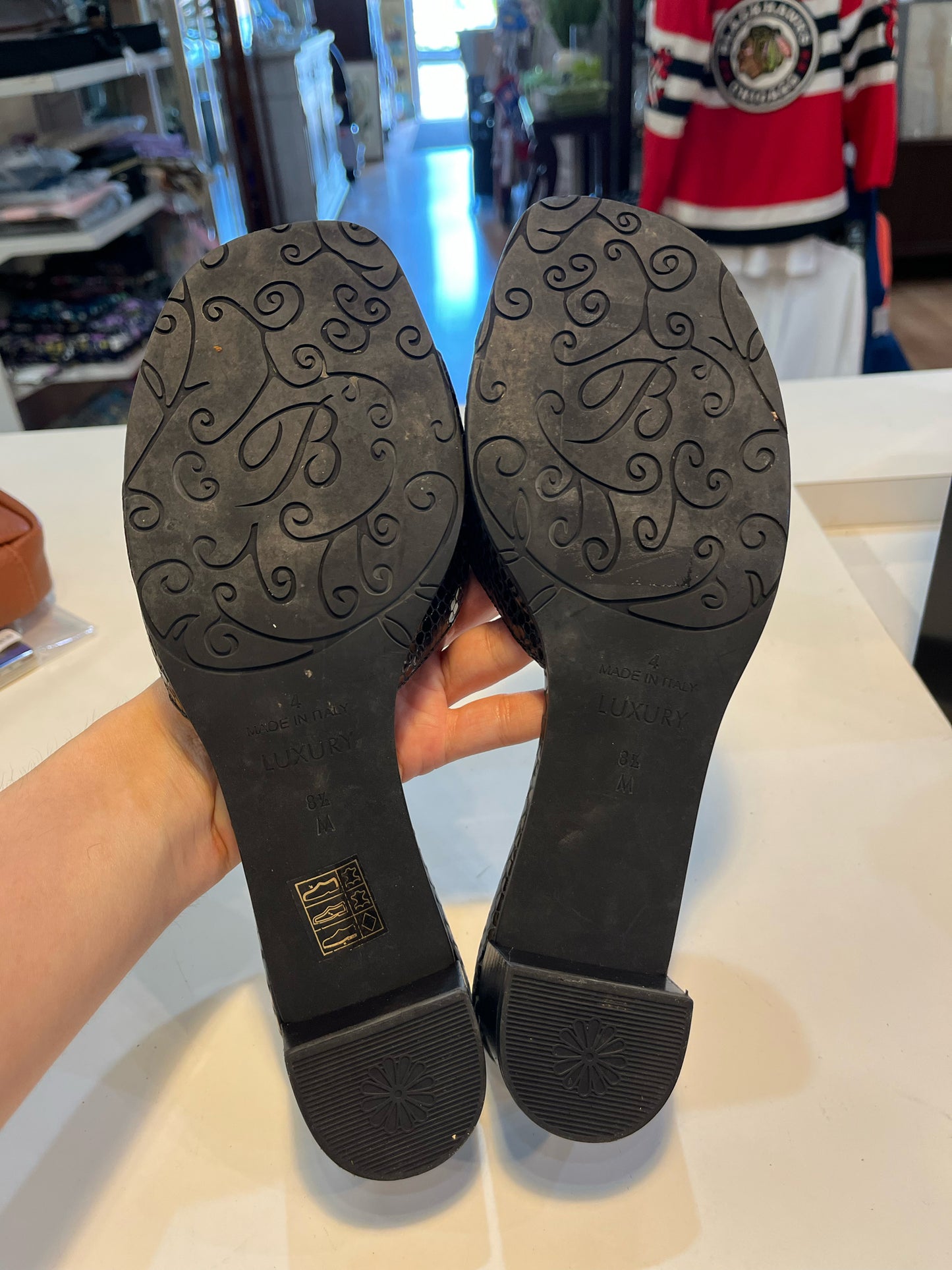 Brighton Black Patent Cro-Embossed Heels