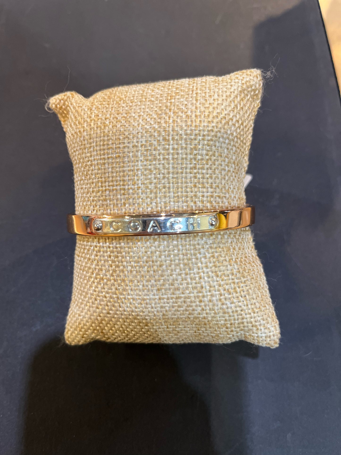 Coach Rose Gold and Silver Nameplate Plaque Hinged Bangle Bracelet