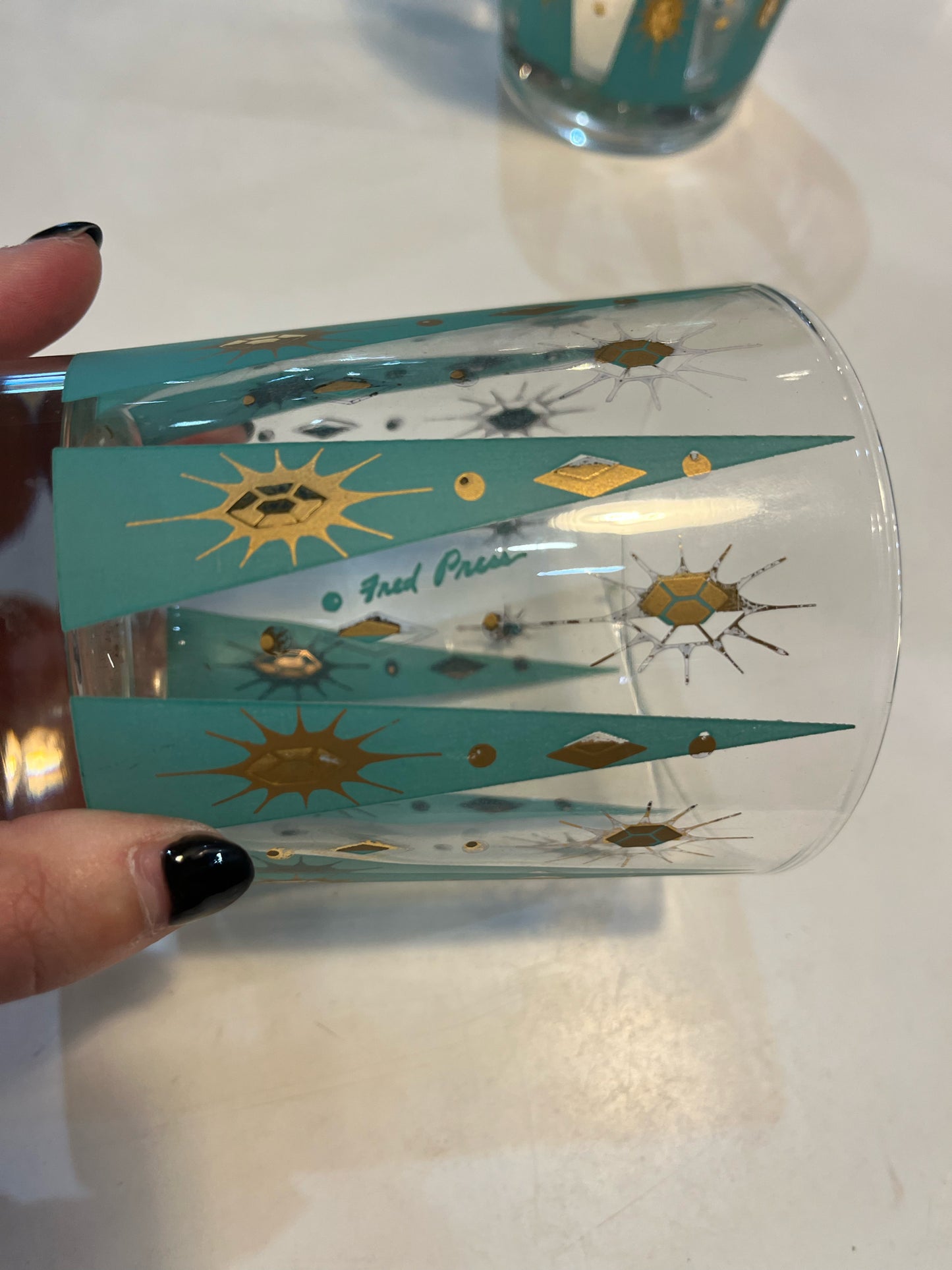 Signed Fred Press Blue Atomic Star Glassware Set