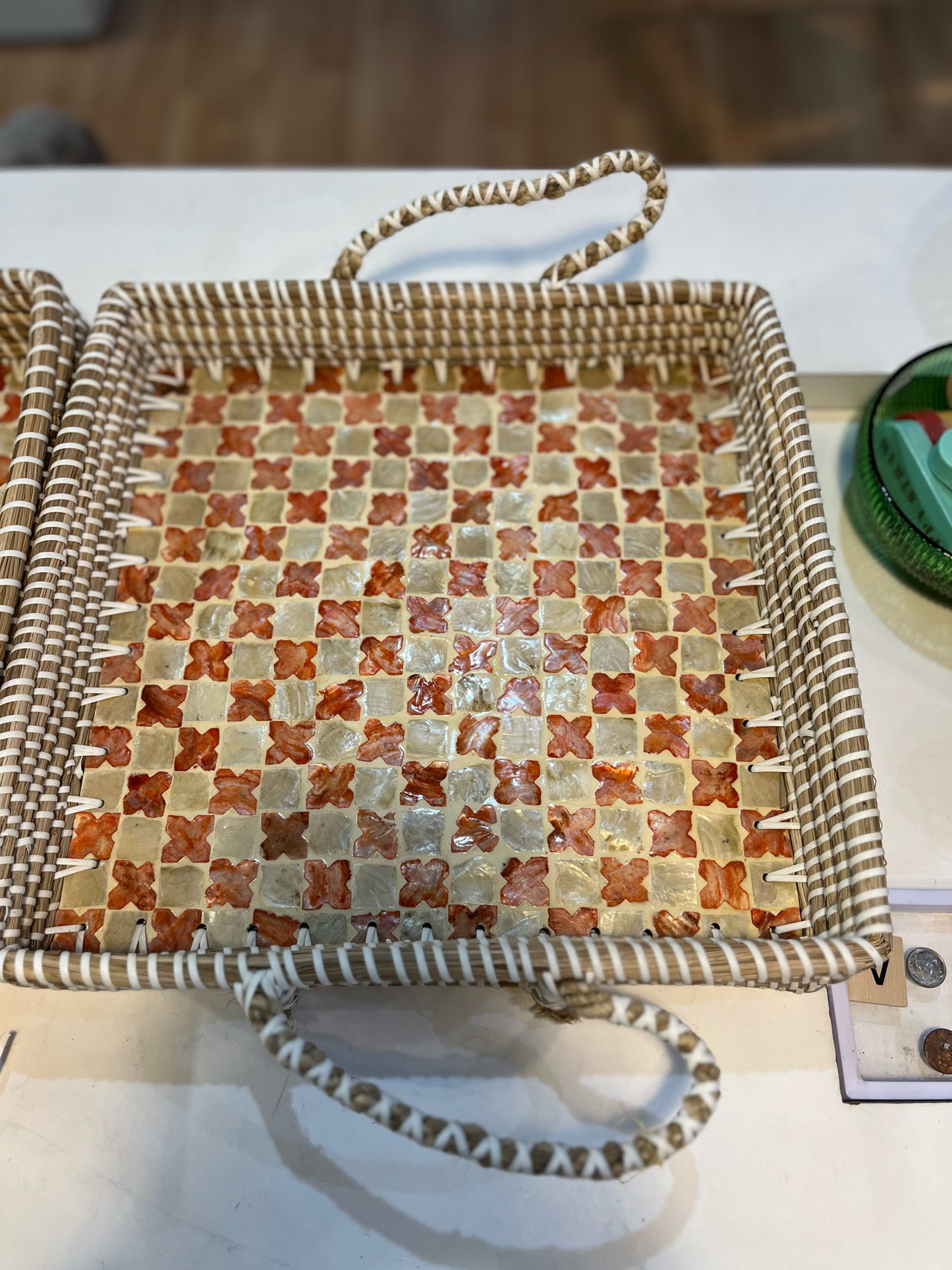 NWT Tommy Bahama  Set of 2 Square Rattan and Mother of Pearl Trays