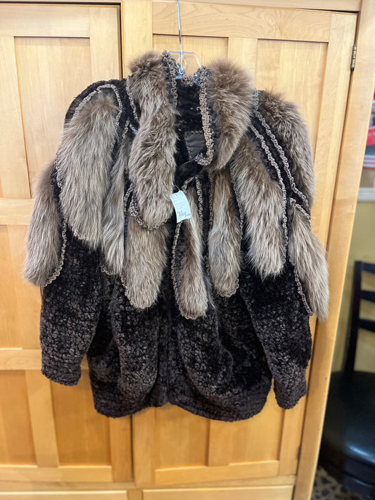 Norma Canada Brown Crochet Jacket w/ fox fur trim PICKUP ONLY