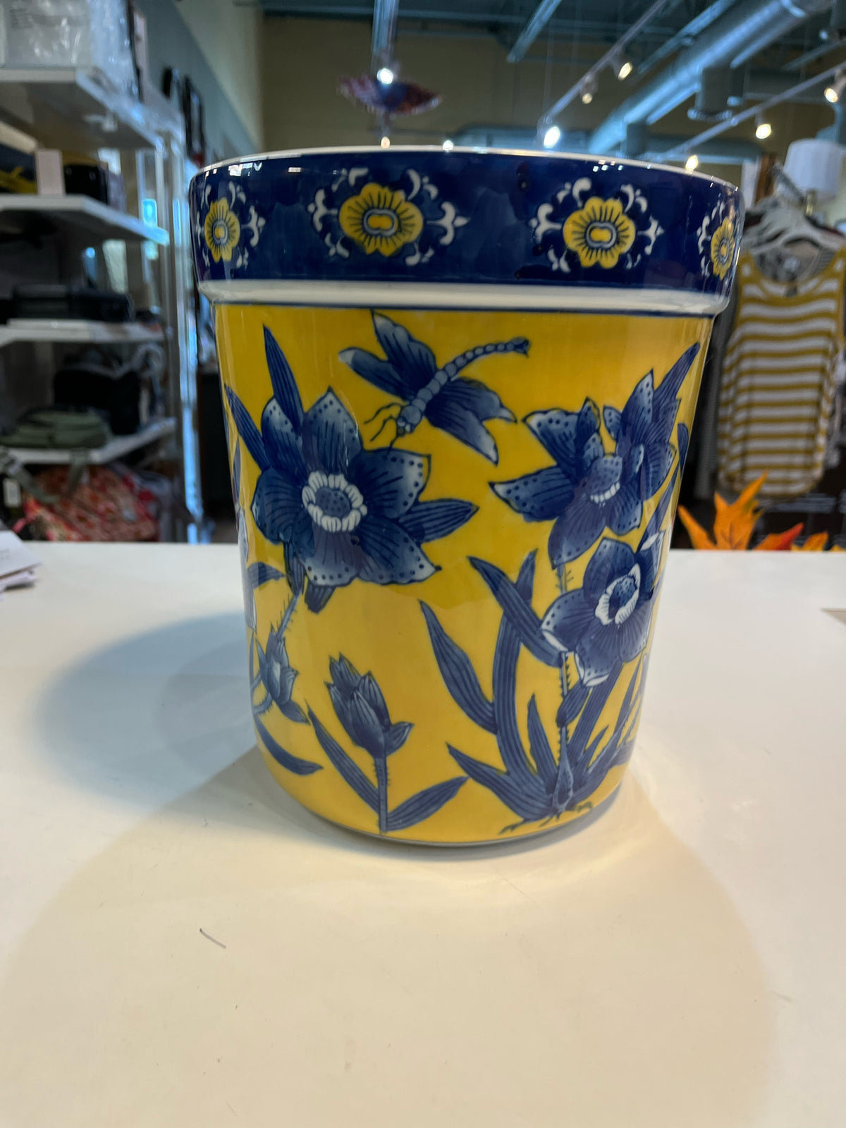 CIC Chinoiserier Yellow Floral Ceramic Trash Can