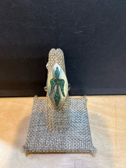 Silver Metal and Turquoise Mosaic Chip Inlay Peyote Bird Ring