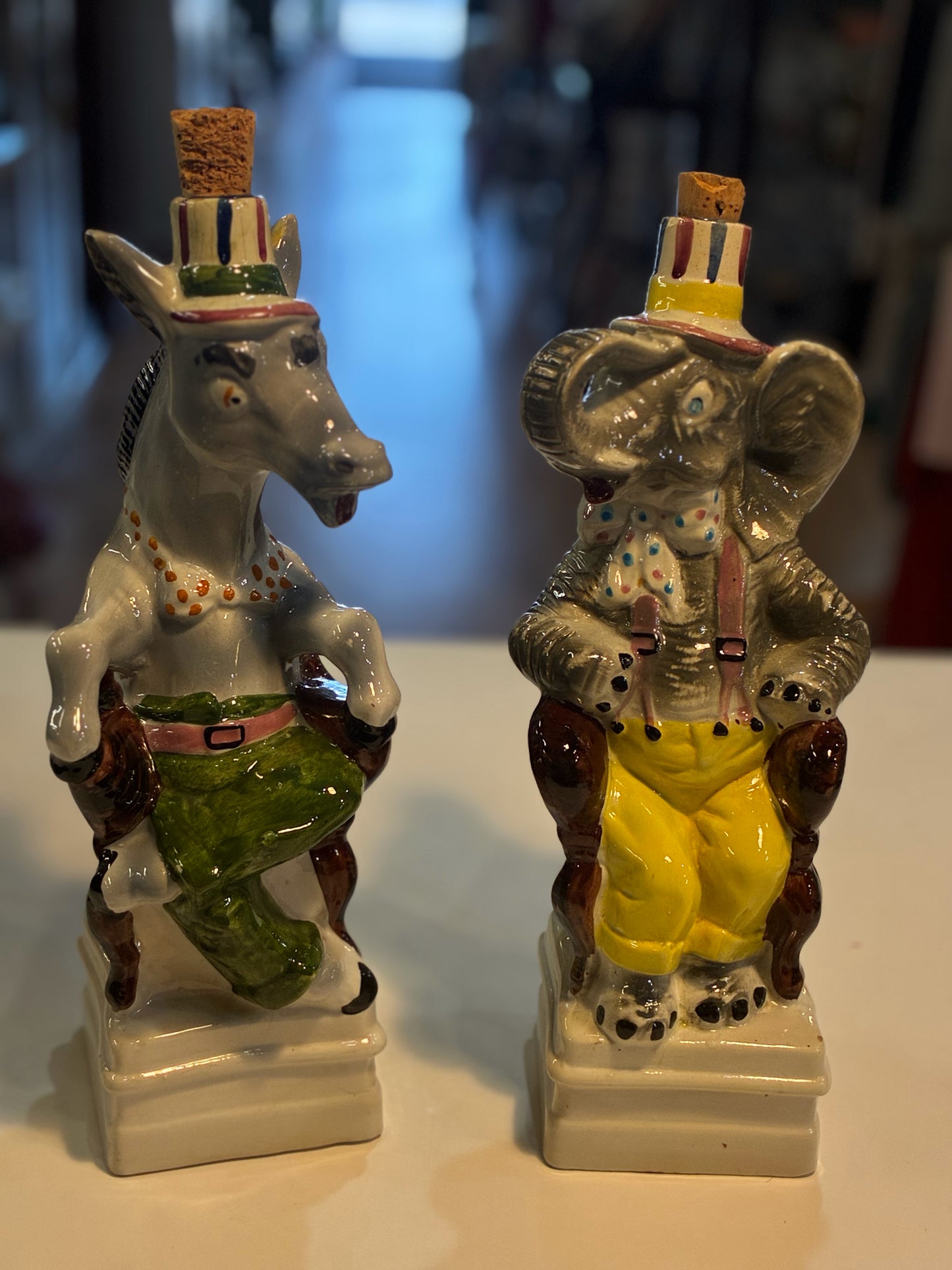 Vintage Italian Ceramic Donkey & Elephant Political Decanter Set