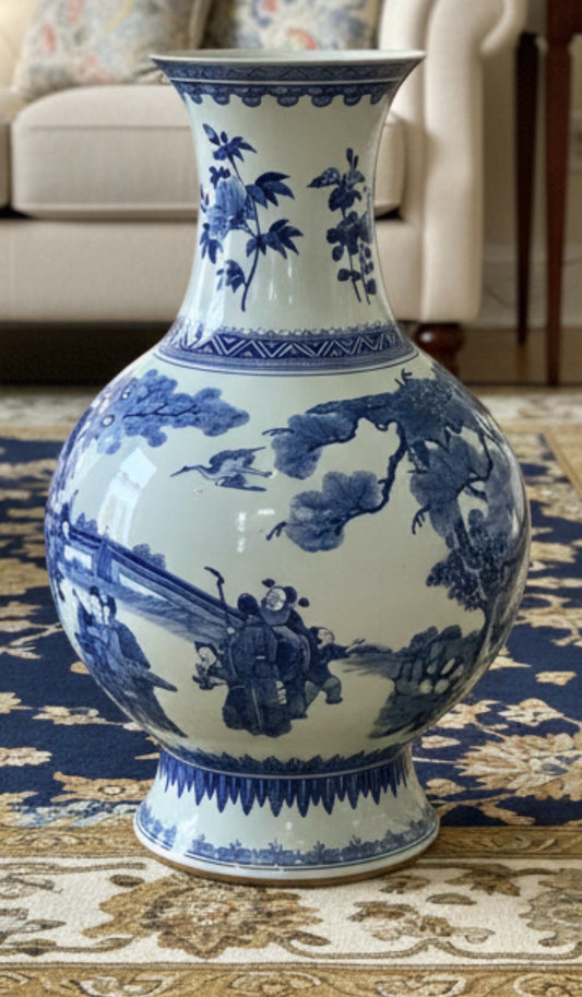 Vintage tall blue pagoda porcelain chinoiserie vase