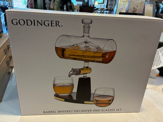 NIB Godinger Barrel Whiskey Decanter & Glasses Set