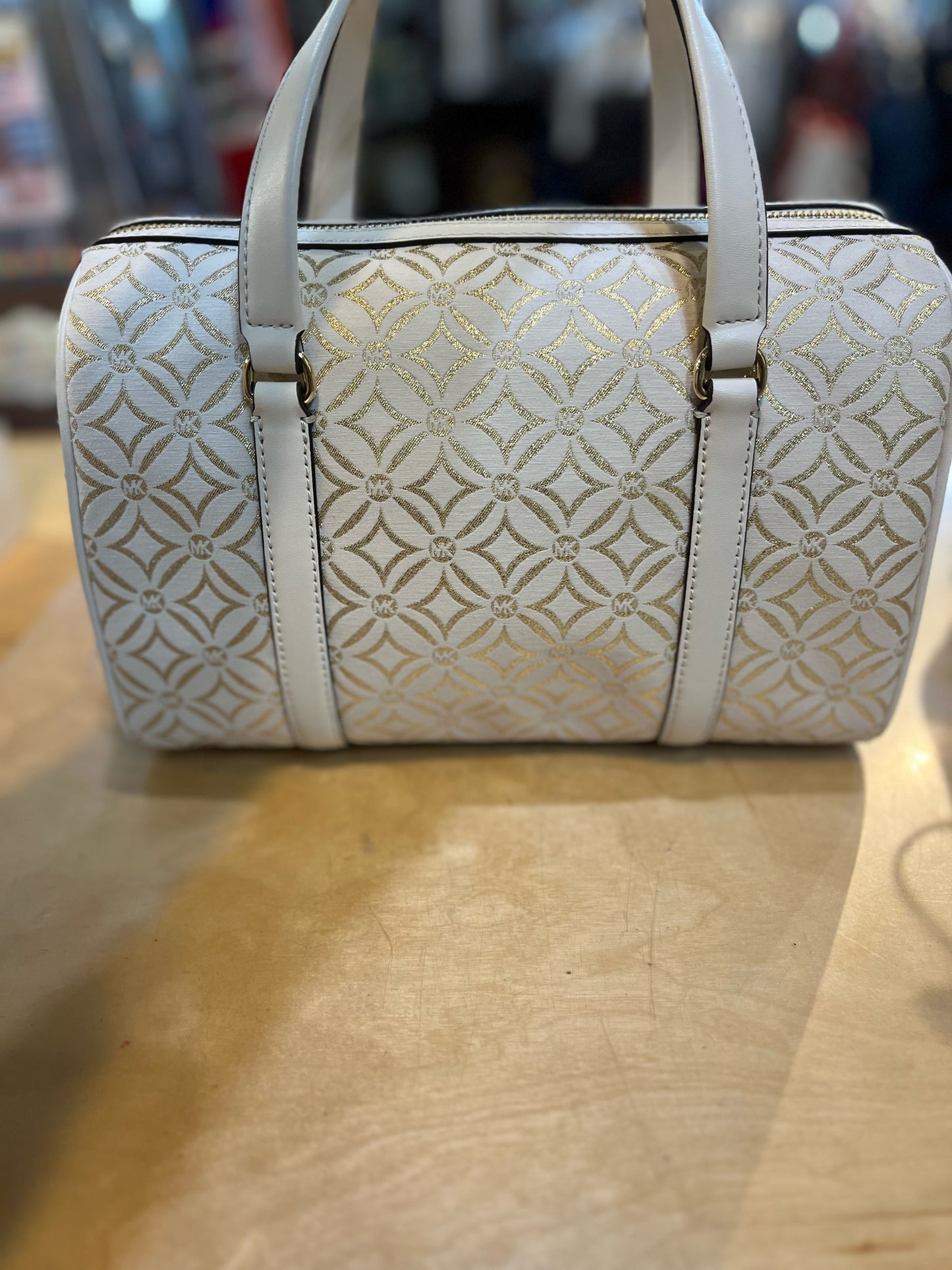 NWT Michael Kors White & Gold Duffle Satchel Handbag