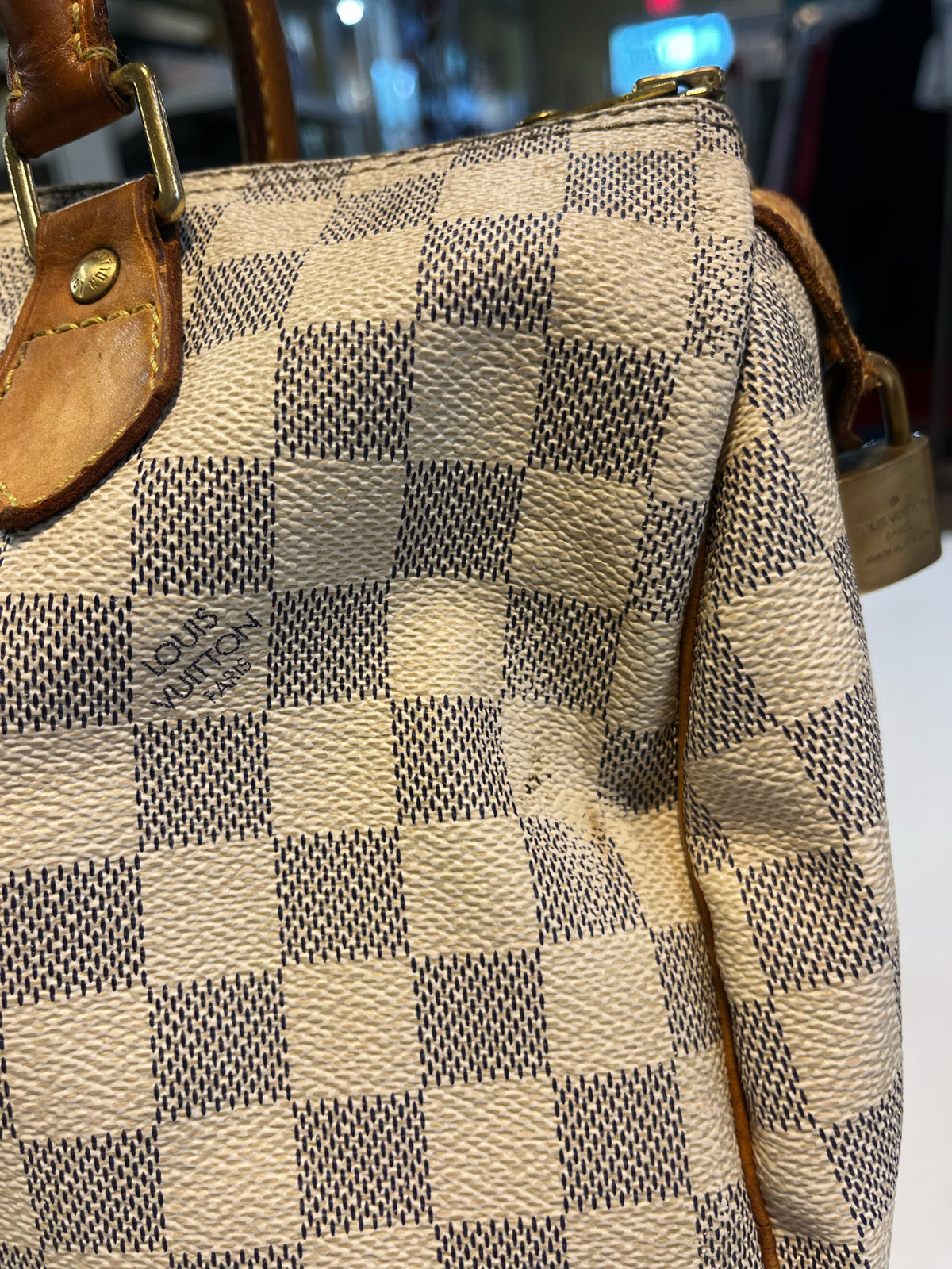 Louis Vuitton Cream Checkered Print "Damier Azure Speedy 30" Handbag