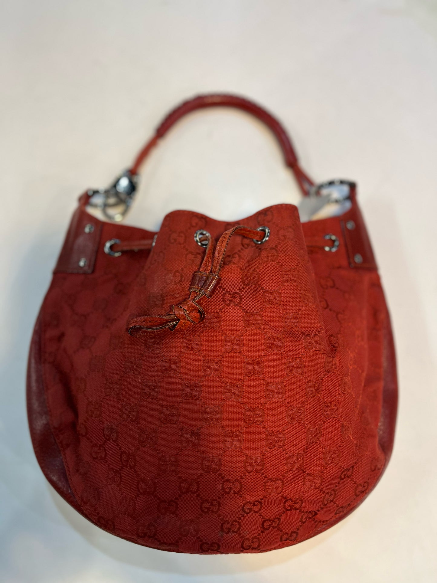 Gucci Red "GG Canvas Draw-string Hobo" Handbag
