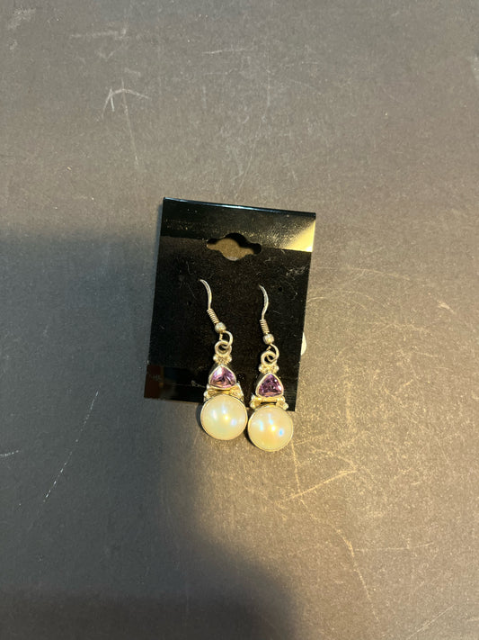 Sterling Silver White Pearl and Amethyst Earrings