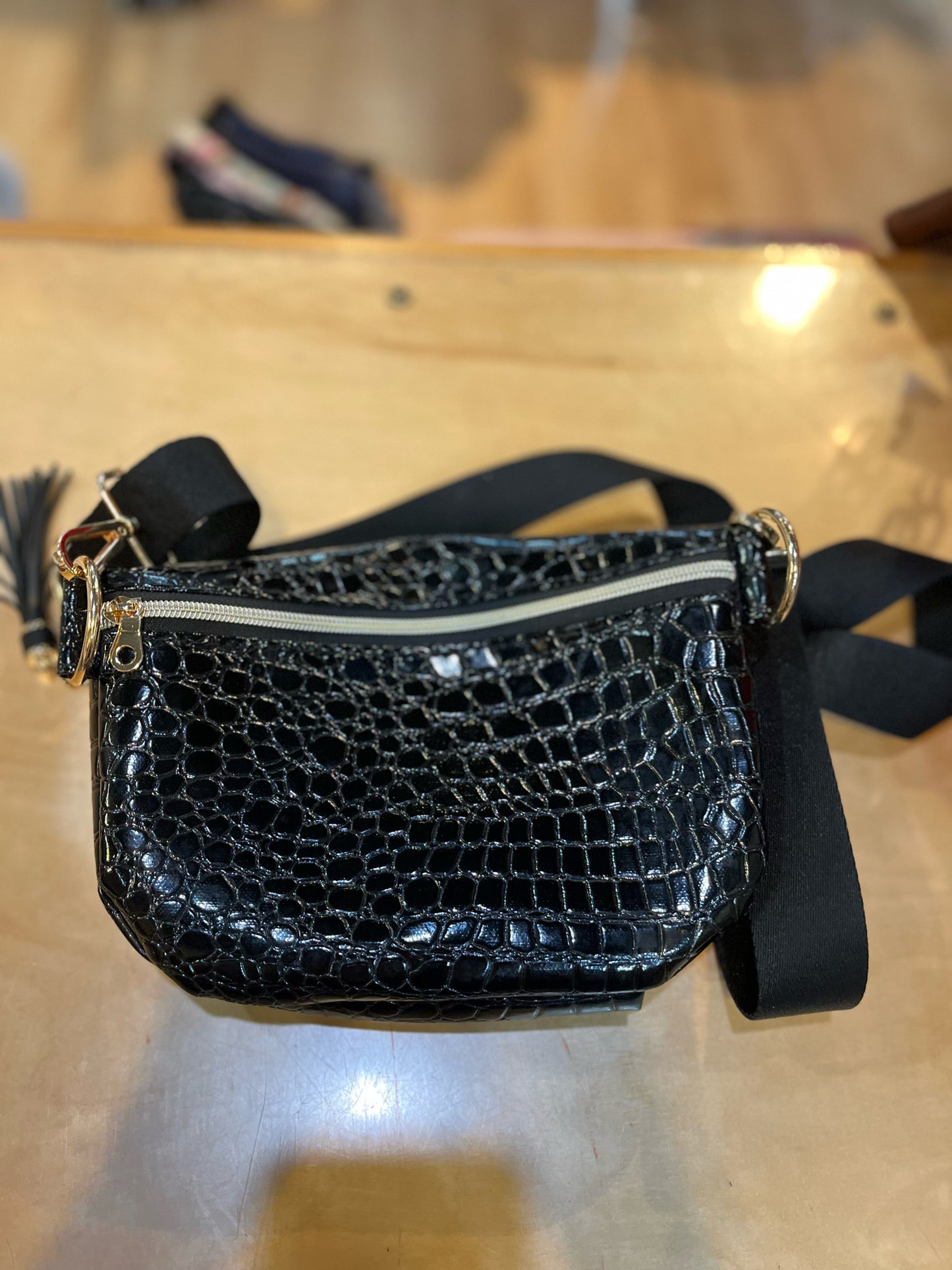 MJ Luxe Black Croc Embossed Belt Bag