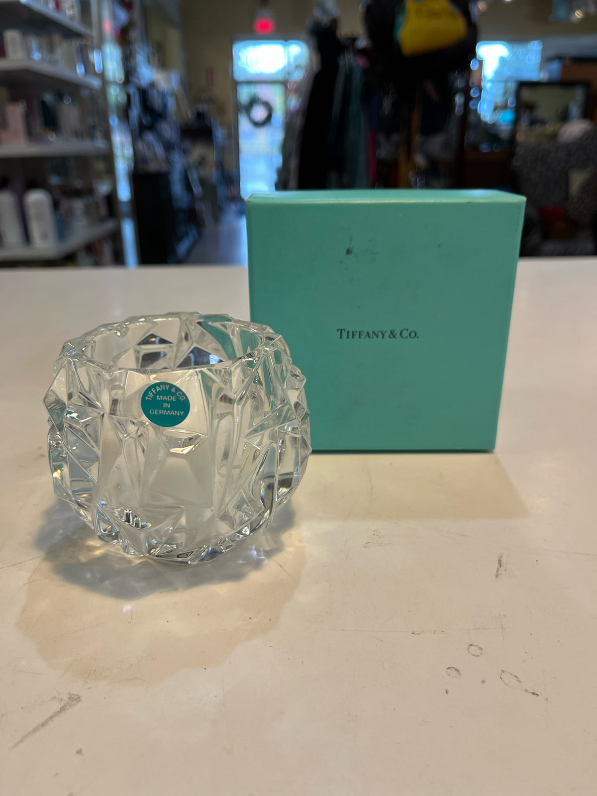 Vintage TIFFANY & CO Crystal ROCK CUT 3" Votive Tea Light Candle Holder with box