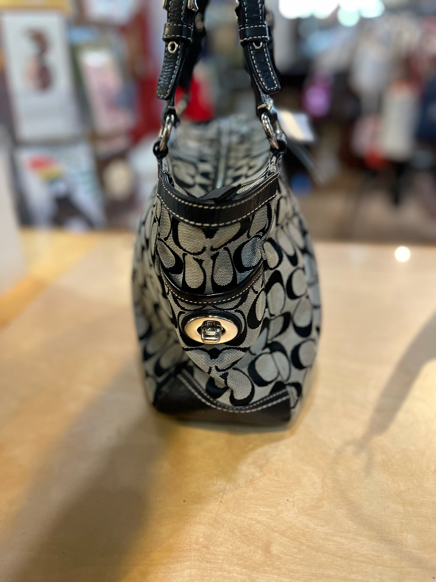 Coach Signature Black Canvas & Leather Handbag