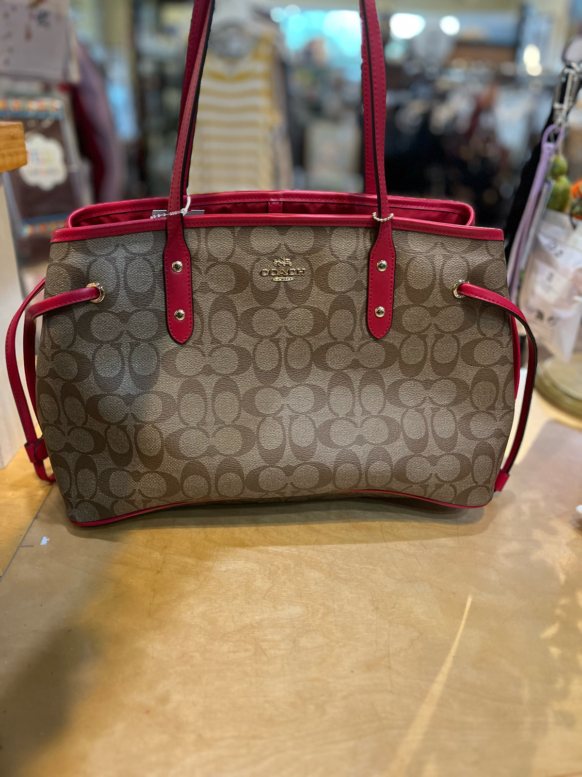 Coach Brown Signature & Magenta Accent Drawstring Carryall Handbag