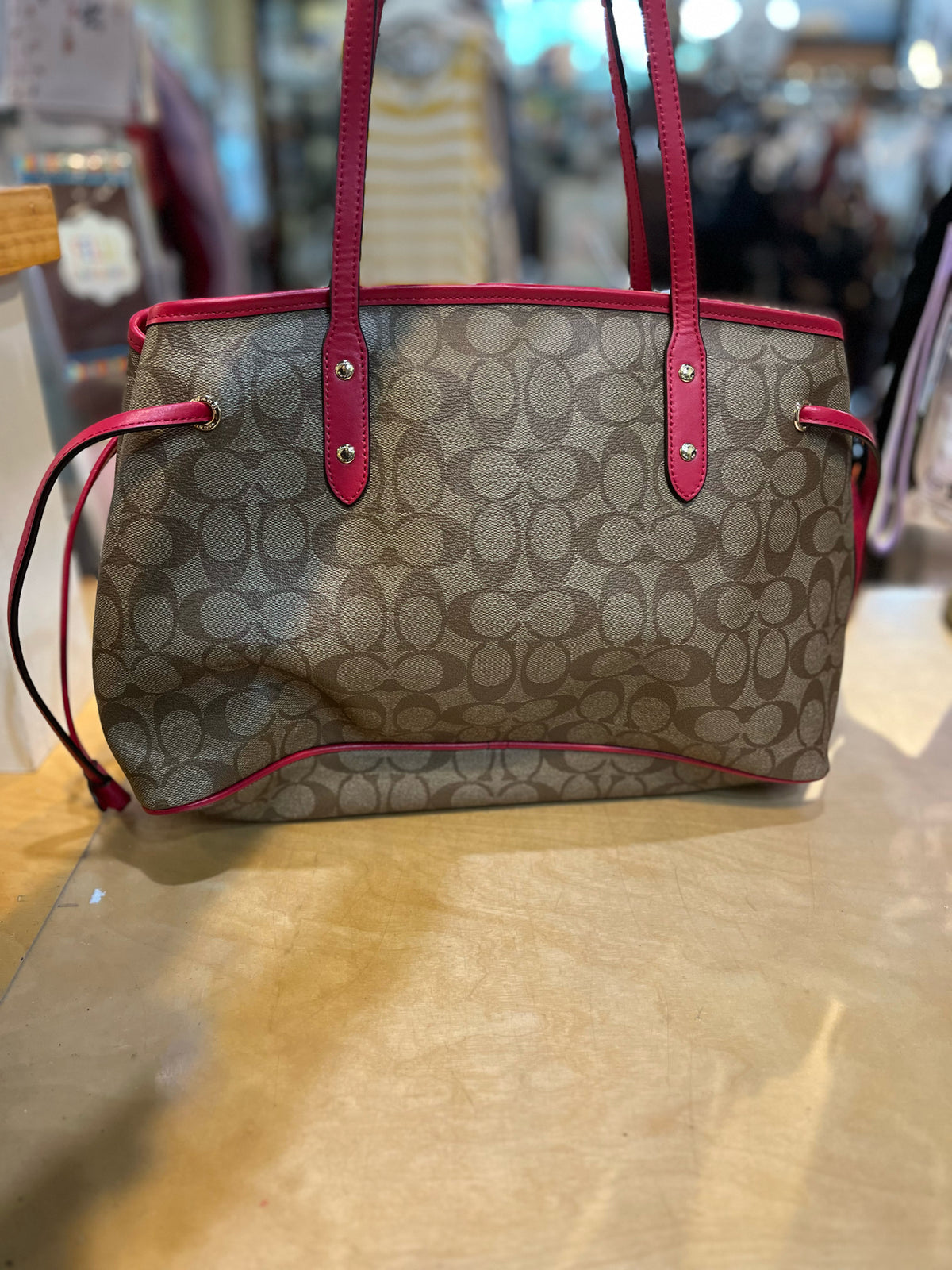 Coach Brown Signature & Magenta Accent Drawstring Carryall Handbag