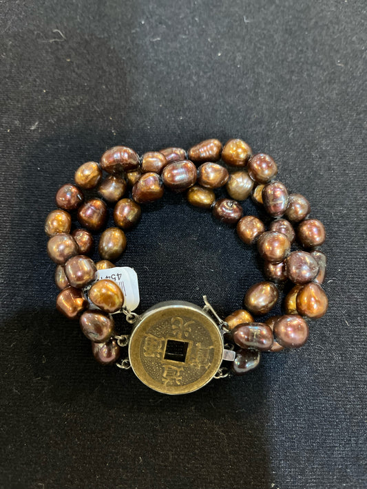 Brown Multi-strand Pearl & Chinese Coin Clasp Bracelet
