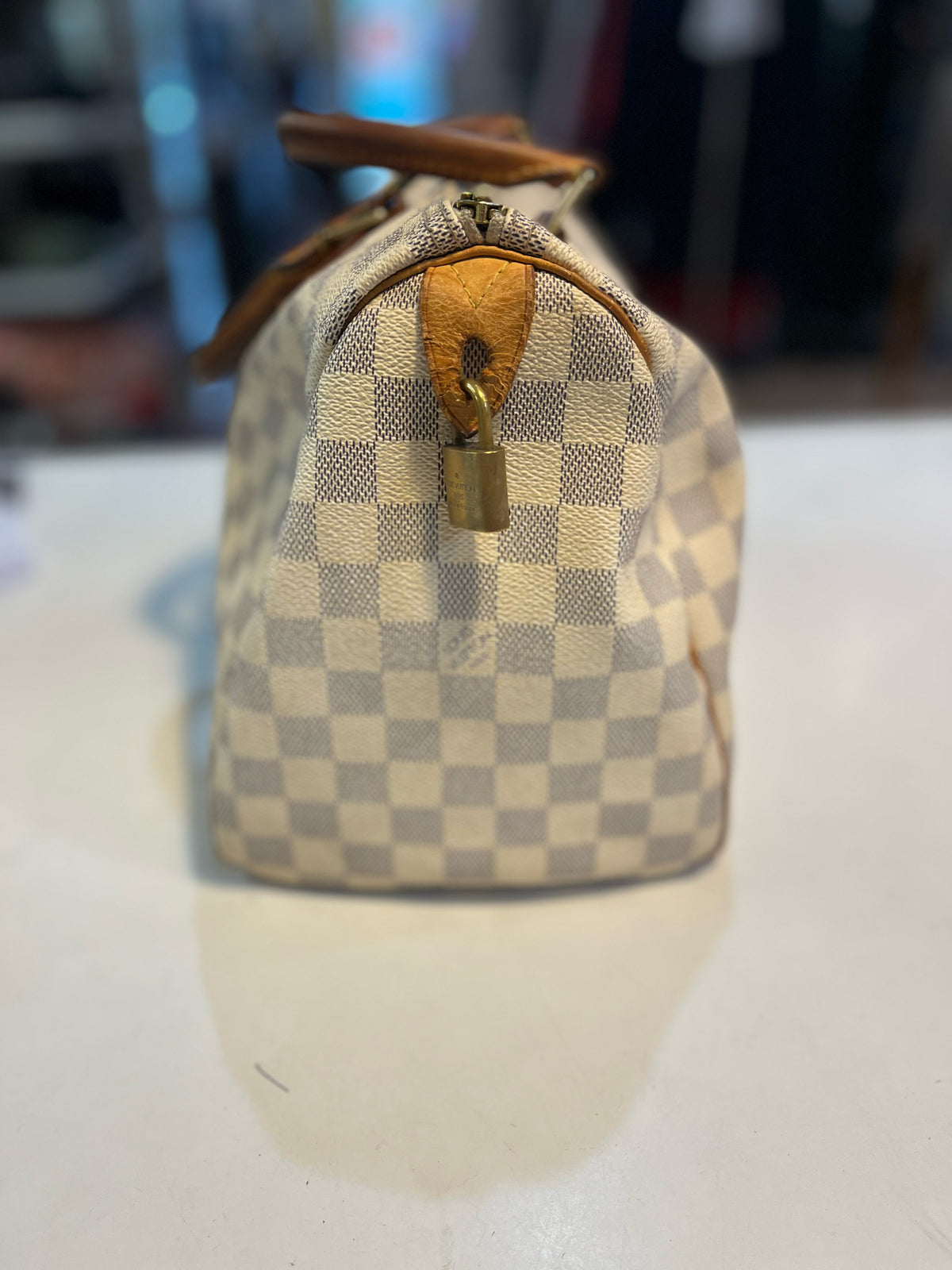 Louis Vuitton Cream Checkered Print "Damier Azure Speedy 30" Handbag