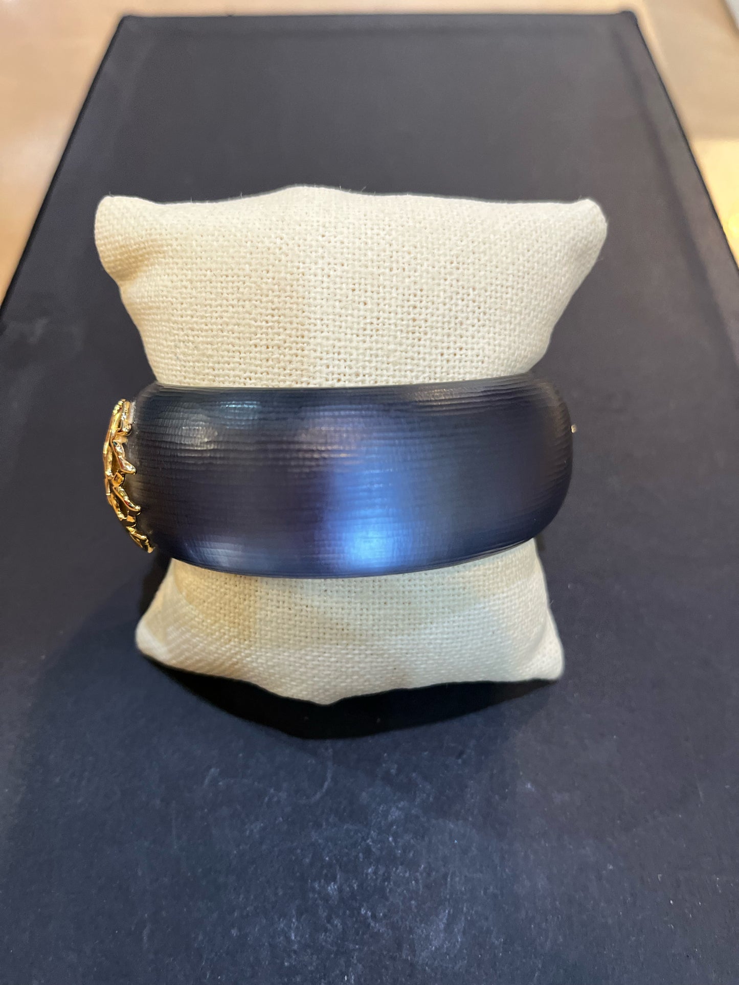 Alexis Bittar Navy Lucite & Gold Metal Hinged Bracelet