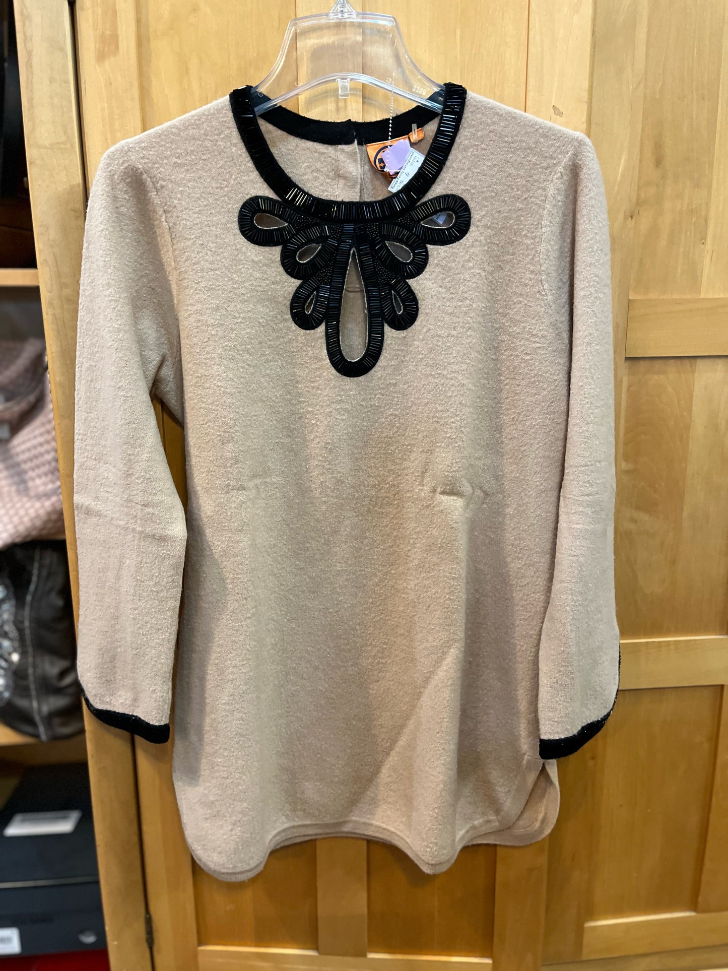 Tory Burch Beige & Black Beaded Sweater