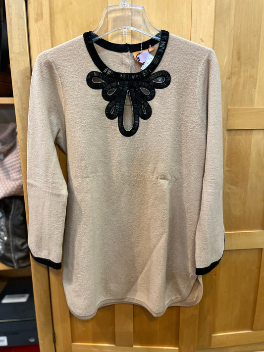 Tory Burch Beige & Black Beaded Sweater