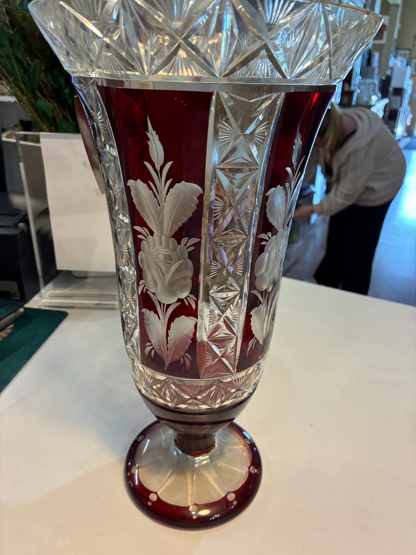 Vintage Hand Painted and Cut Czech Glass Vase, Signed