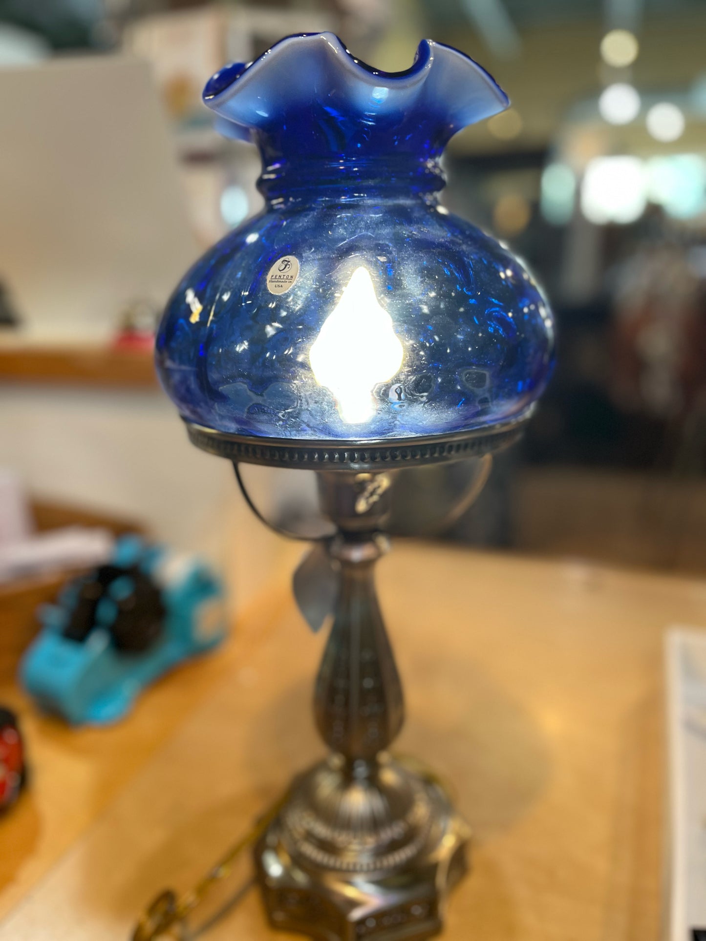 Vintage Blue Cobalt Hurricane Shade Fenton Lamp