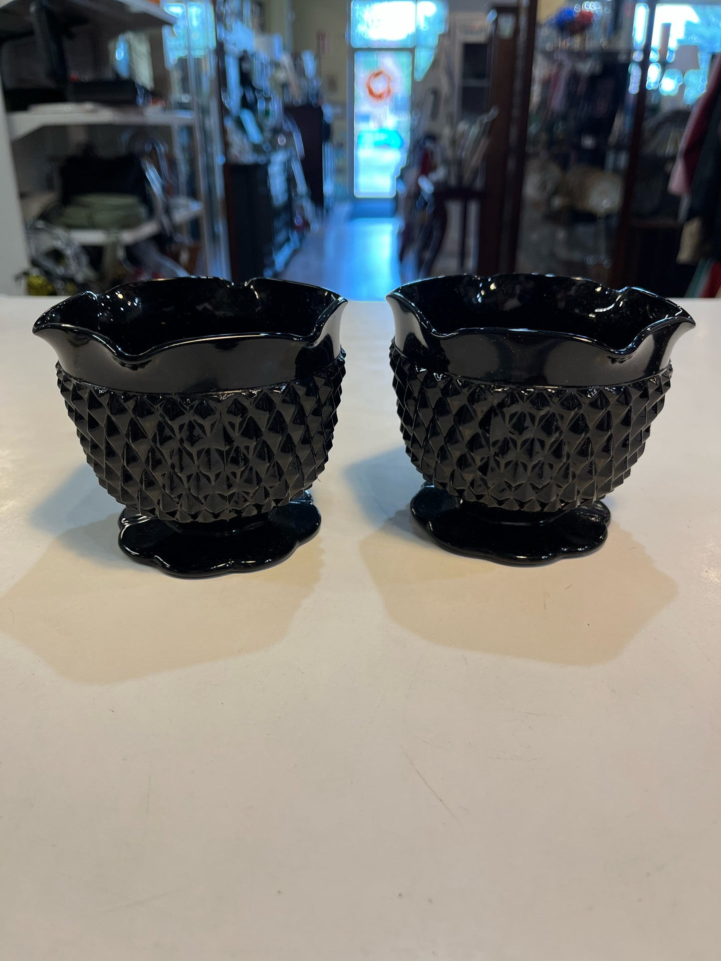 Vintage Tiara Indiana Glass Camero Diamond Candleholder Set