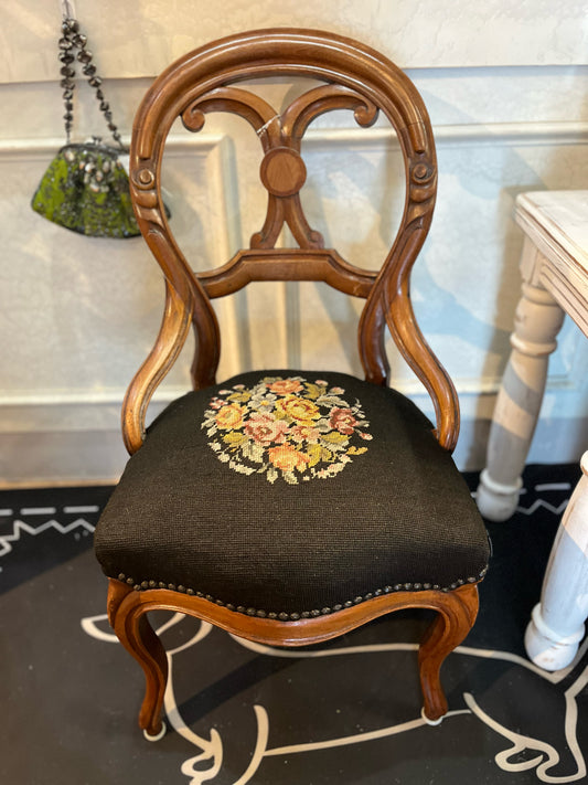 Walnut Carved & Black Needlepoint Cushion Parlor Chair