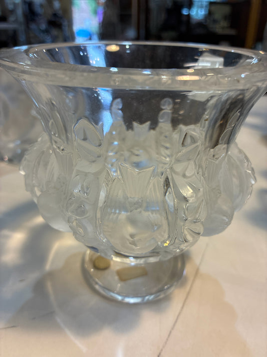 Lalique Crystal "Frosted Bird Dampierre Fluted Pedestal" Vase