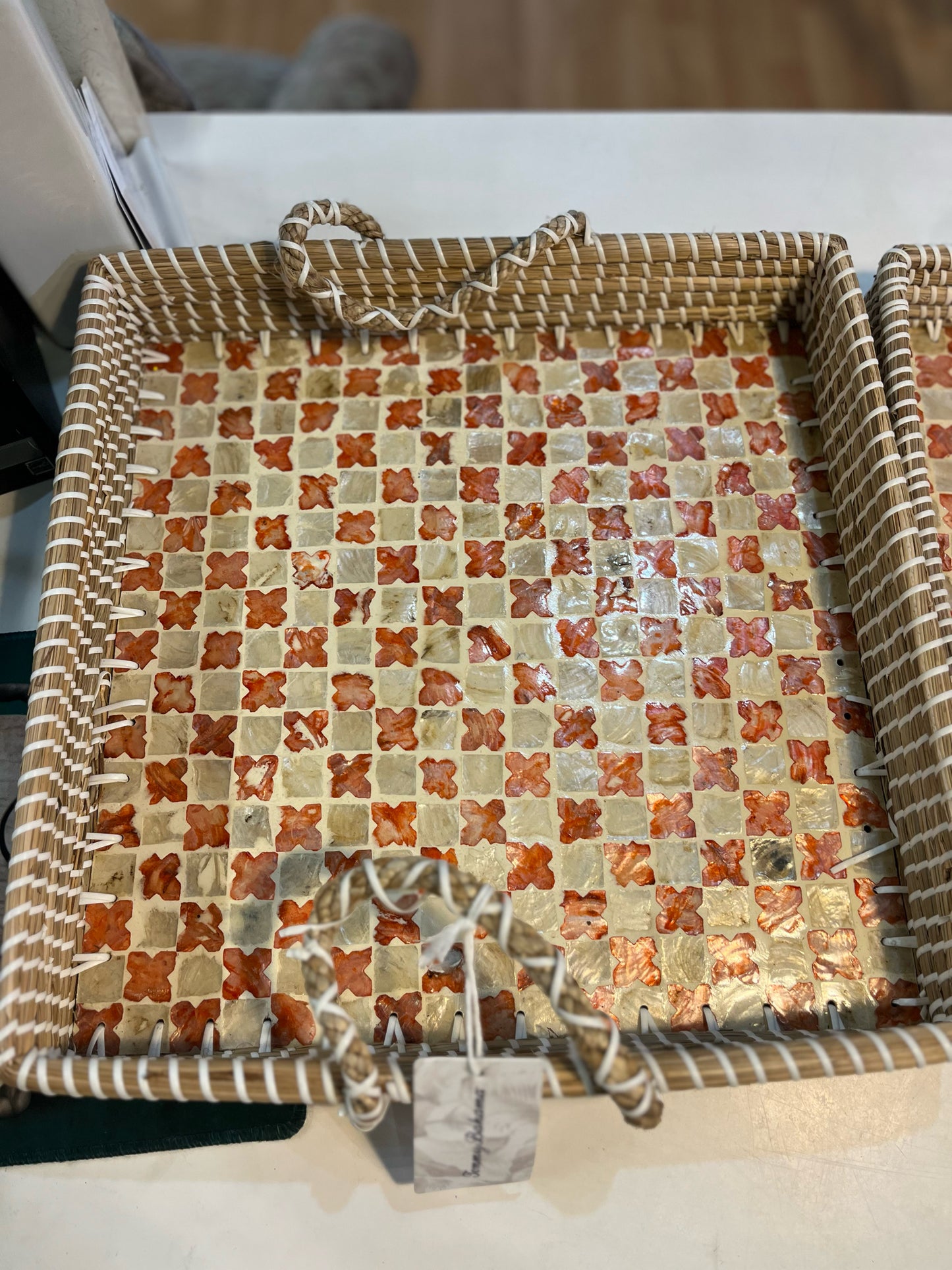 NWT Tommy Bahama  Set of 2 Square Rattan and Mother of Pearl Trays