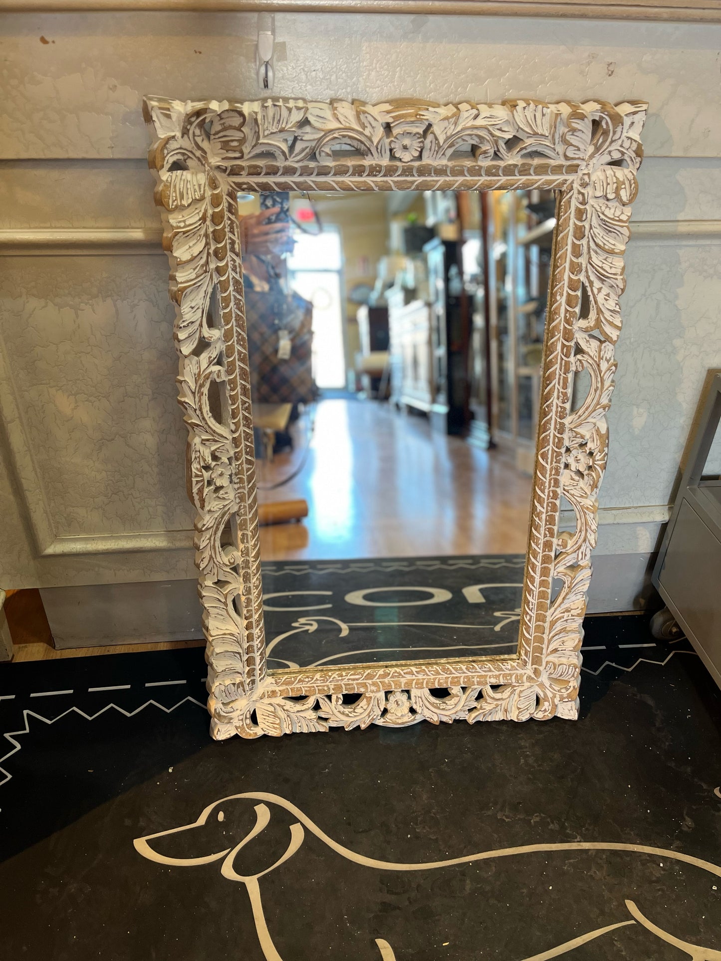 White Rustic Carved Rectangle Mirror
