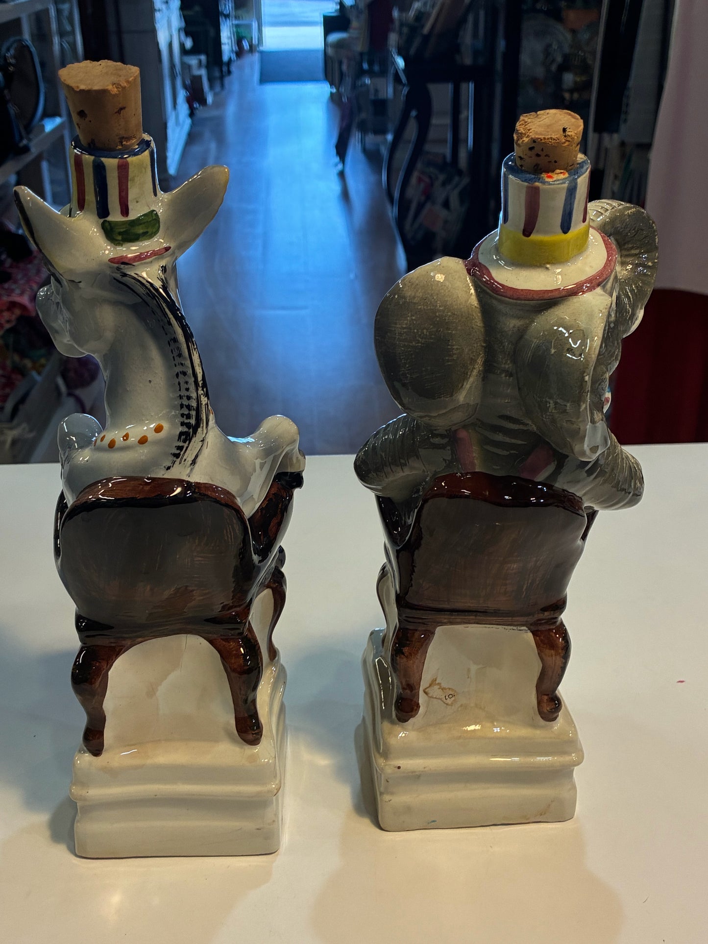 Vintage Italian Ceramic Donkey & Elephant Political Decanter Set