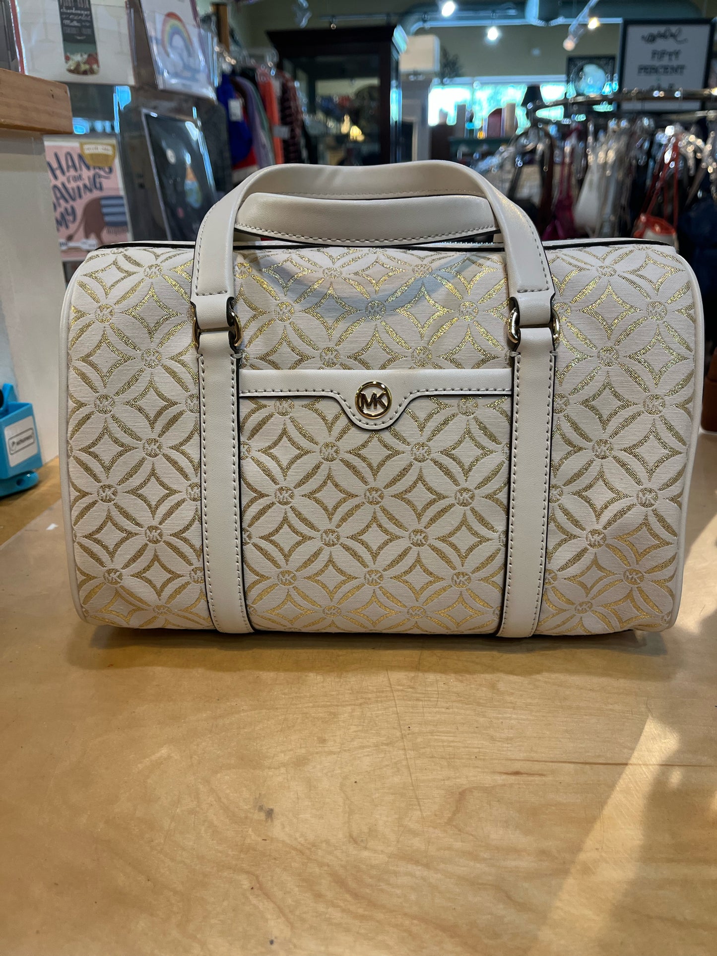 NWT Michael Kors White & Gold Duffle Satchel Handbag