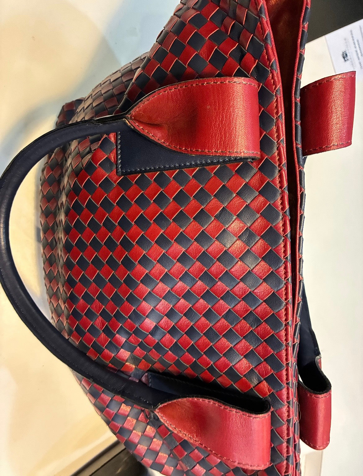 Vera Pelle Italian Leather Checkered Woven Handbag