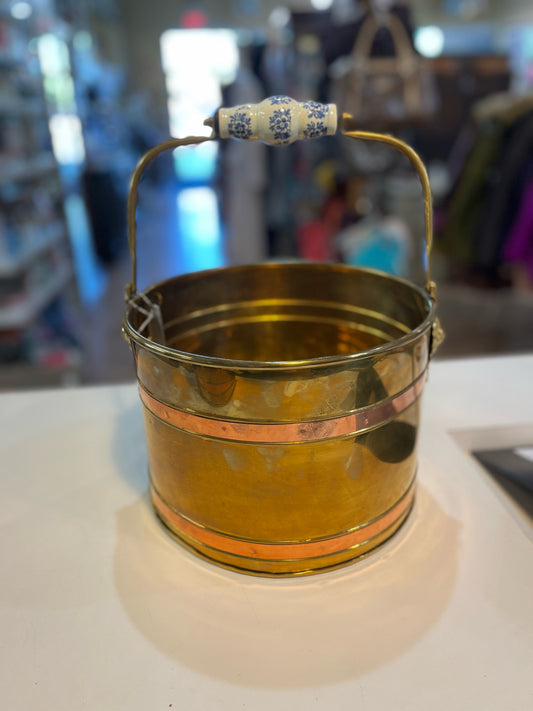 Vintage large copper and brass pail bucket with porcelain handle lion heads