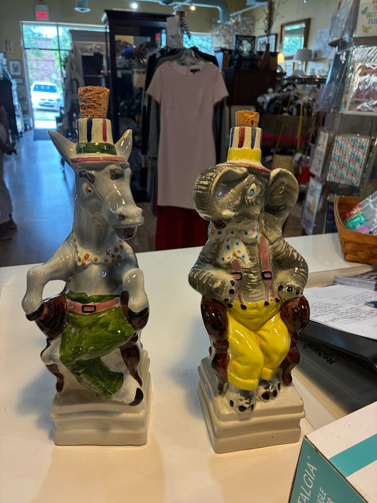 Vintage Italian Ceramic Donkey & Elephant Political Decanter Set