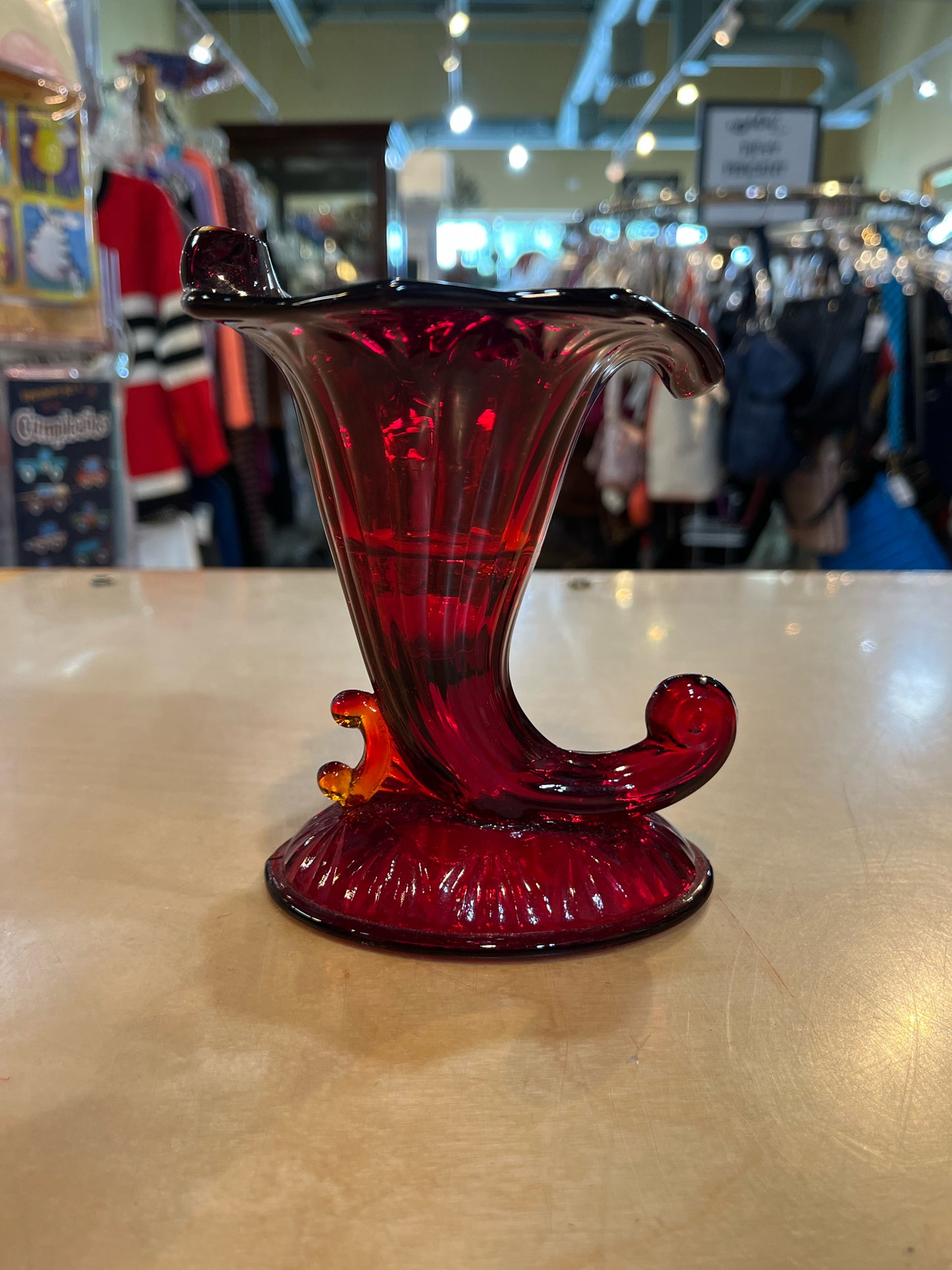 Vintage Fenton Red Cornucopia Vase/Candleholder