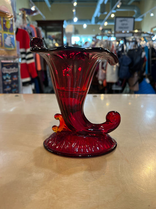 Vintage Fenton Red Cornucopia Vase/Candleholder