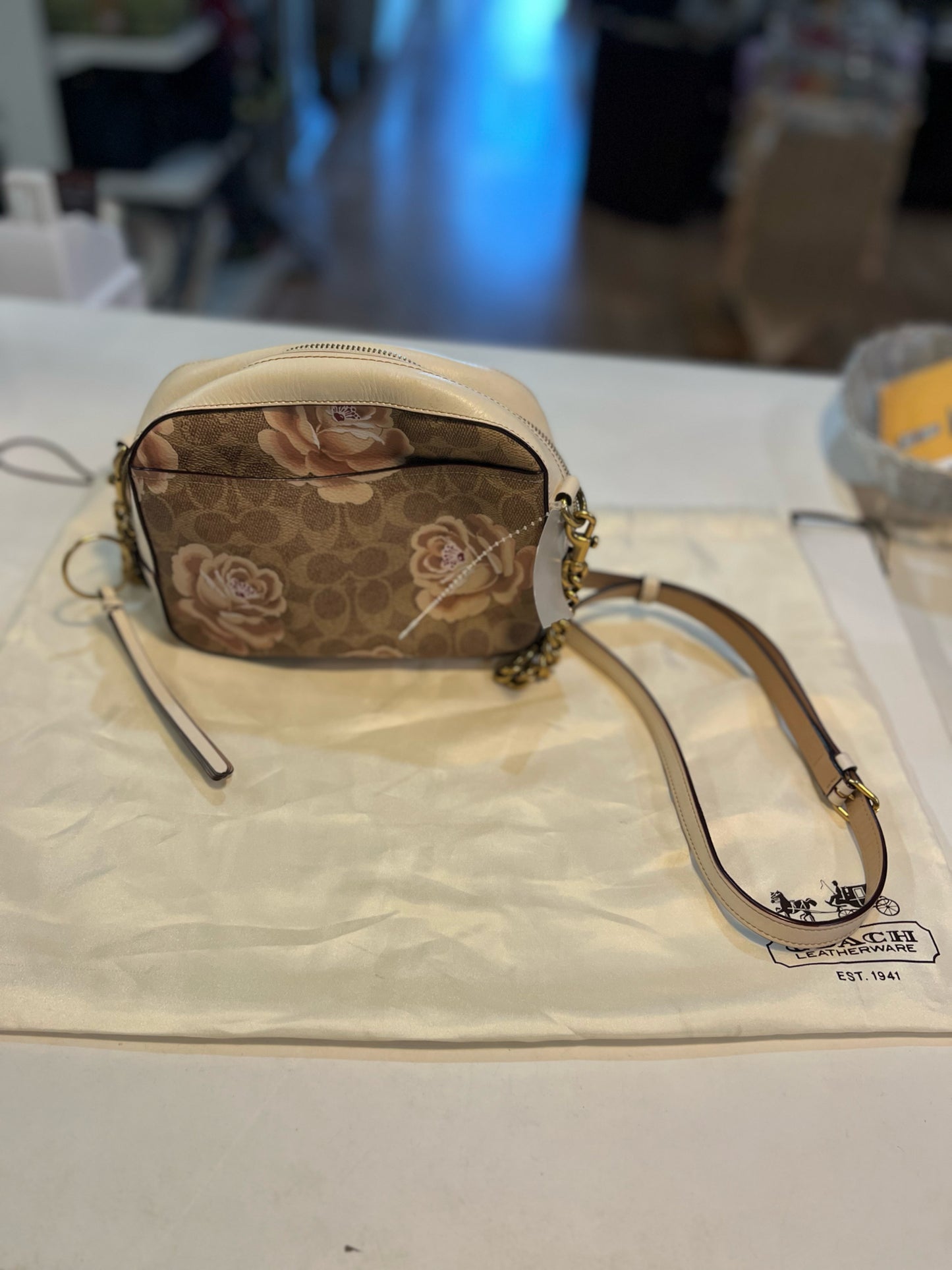 Coach "Jamie Camera Khaki Chalk Pink Rose Print" Crossbody