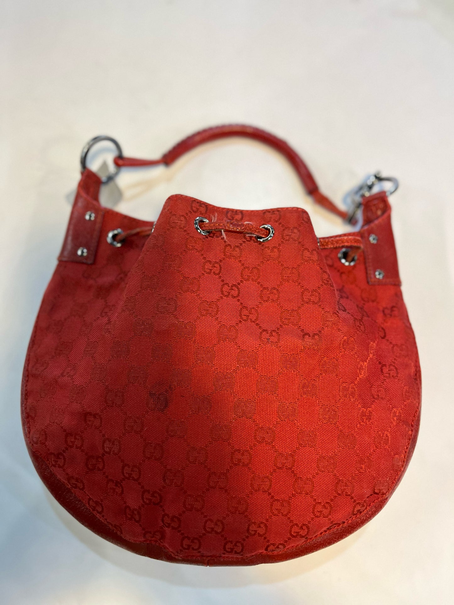 Gucci Red "GG Canvas Draw-string Hobo" Handbag