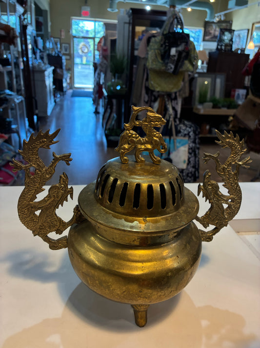 Asian Foo Dog & Dragon Lidded Incense Pot