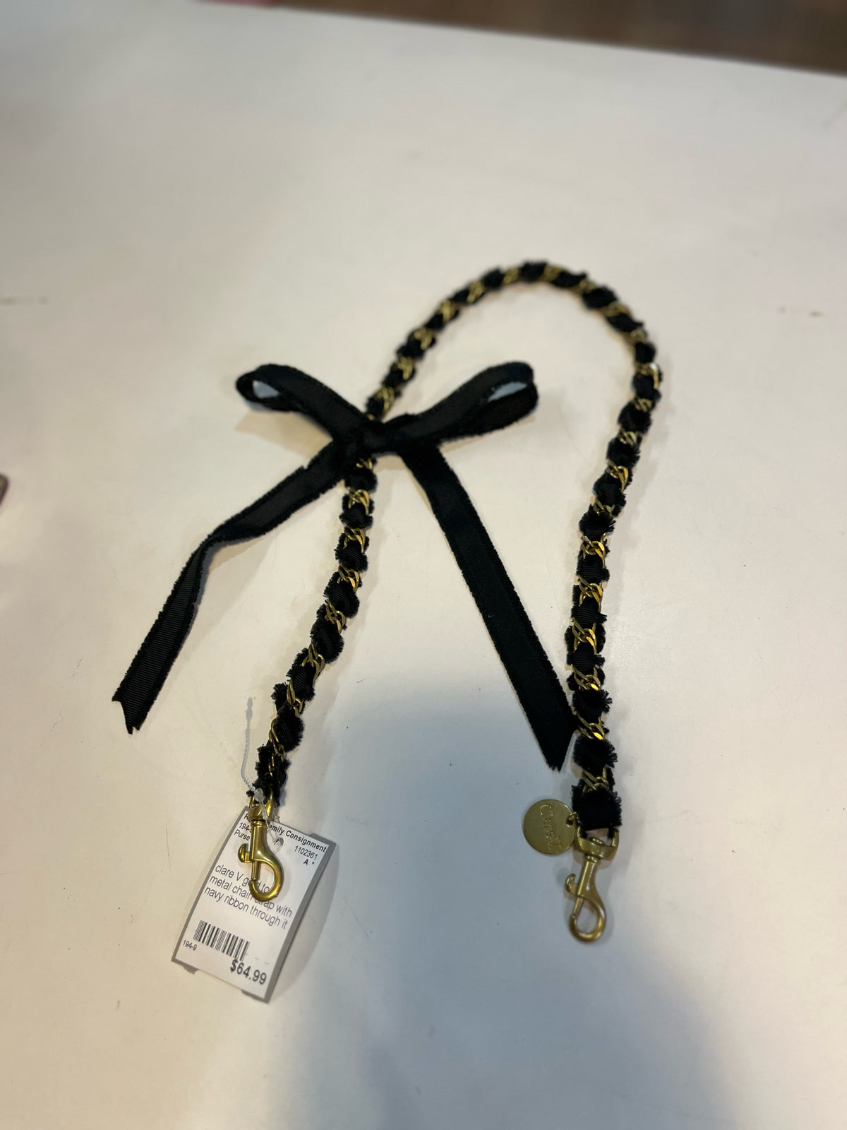 clare V gold tone metal chain strap with navy ribbon
