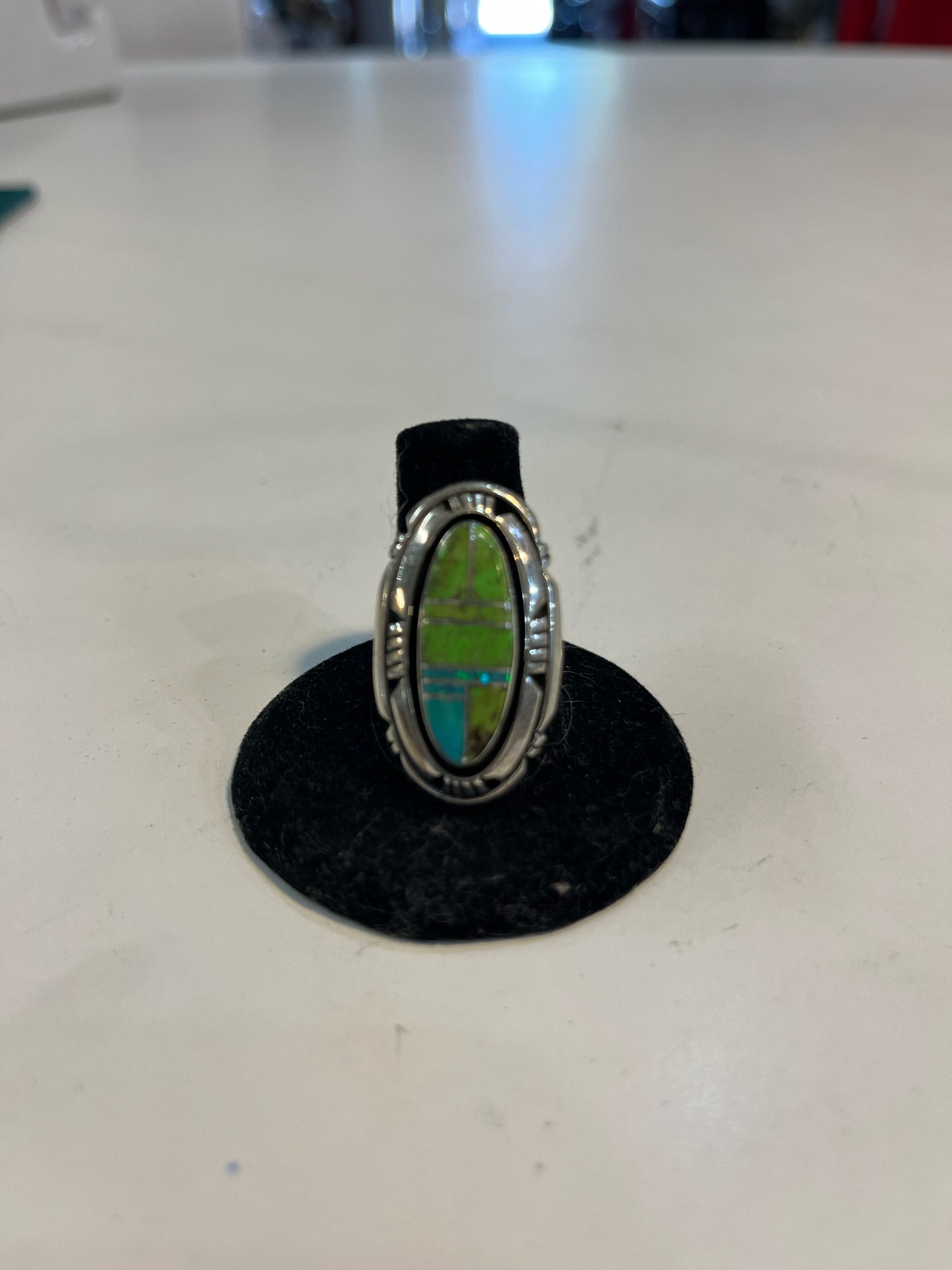 Sterling Silver and Green Inlay Native American Ring