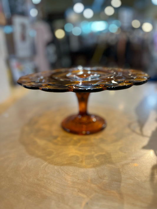 Vintage Indian Glass Amber Pedestal Cake Stand in the Teardrop pattern