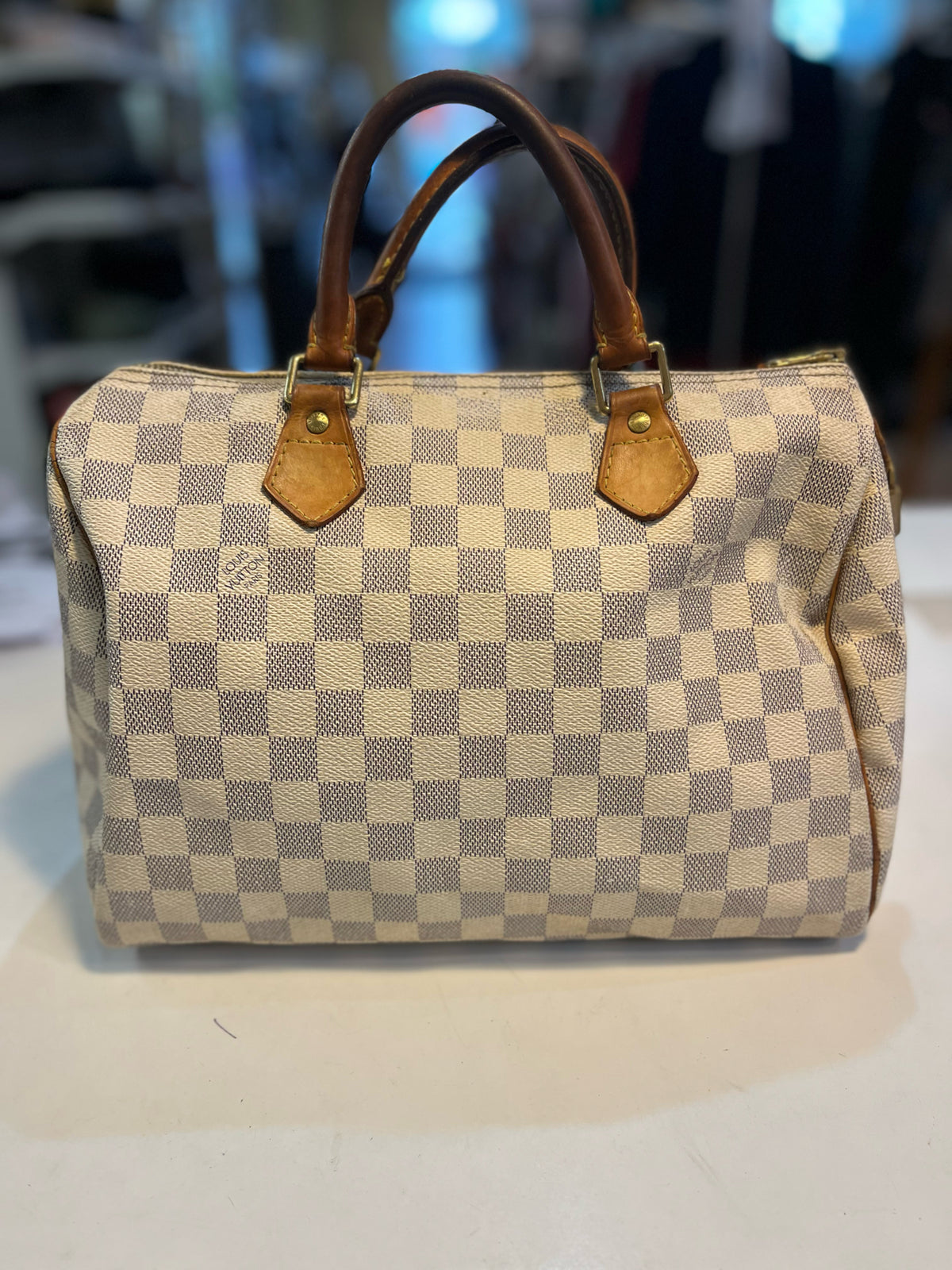Louis Vuitton Cream Checkered Print "Damier Azure Speedy 30" Handbag