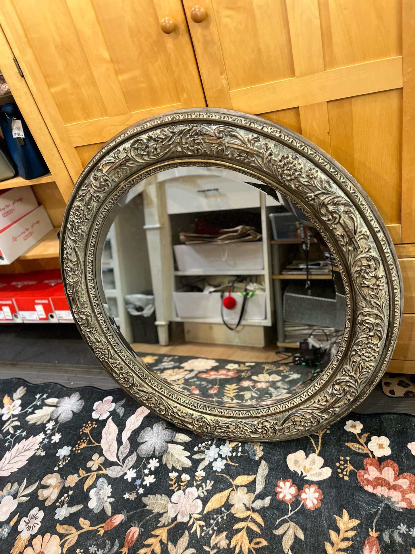 Gray Ornate Framed Round Mirror
